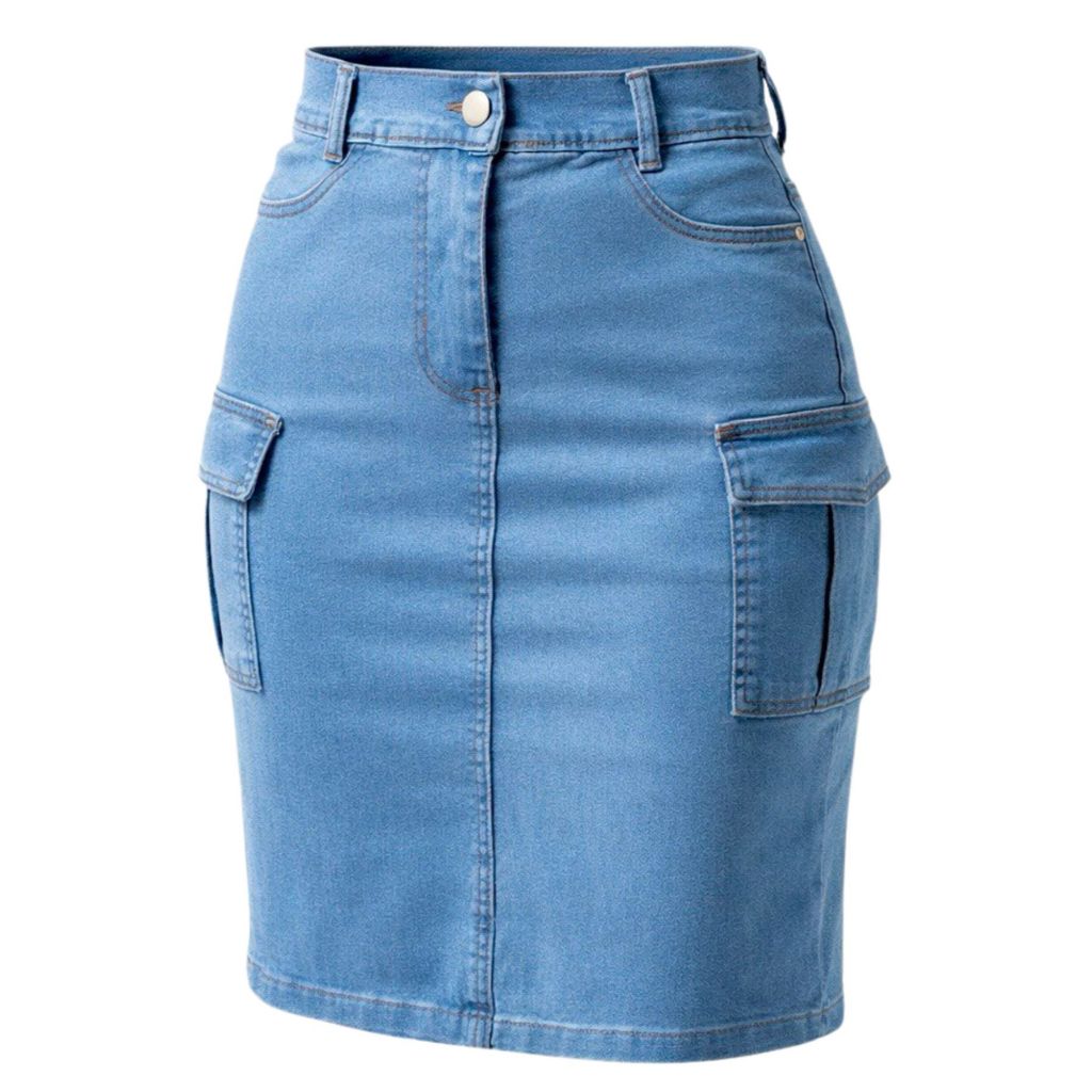 Saia Cargo Jeans Feminina  Mídi Cintura Alta  Bolso Cargo Lateral em Oferta na Shopee