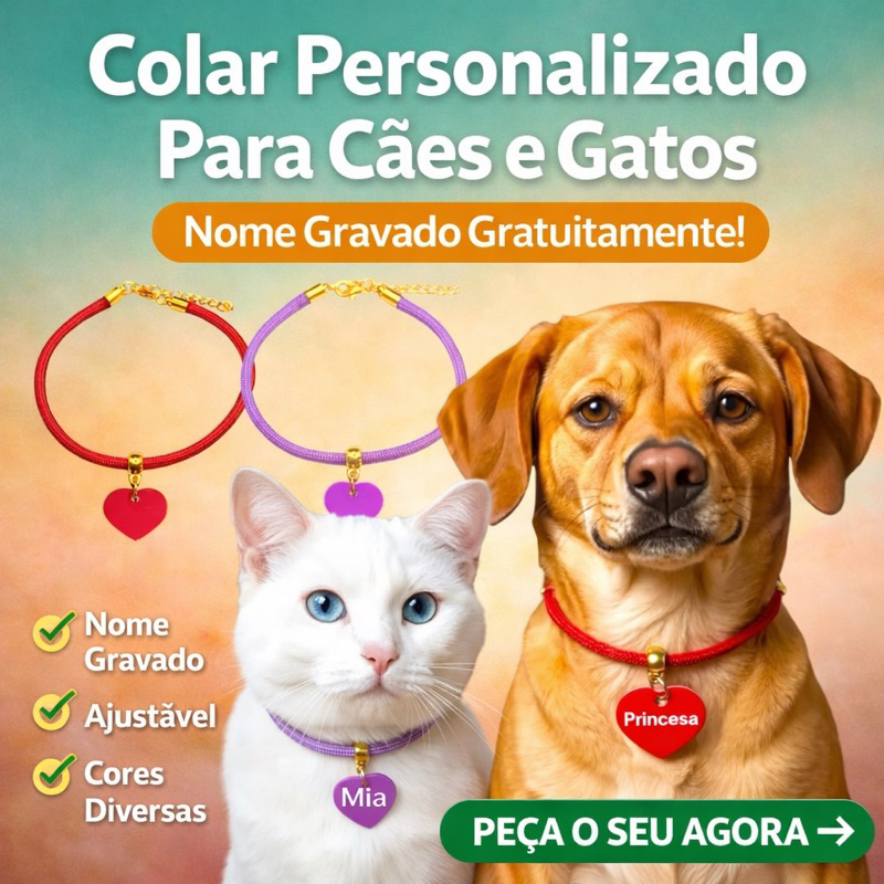 Coleira Personalizada Pet com Nome e Telefone Gravados para Cão e Gato Ajustável