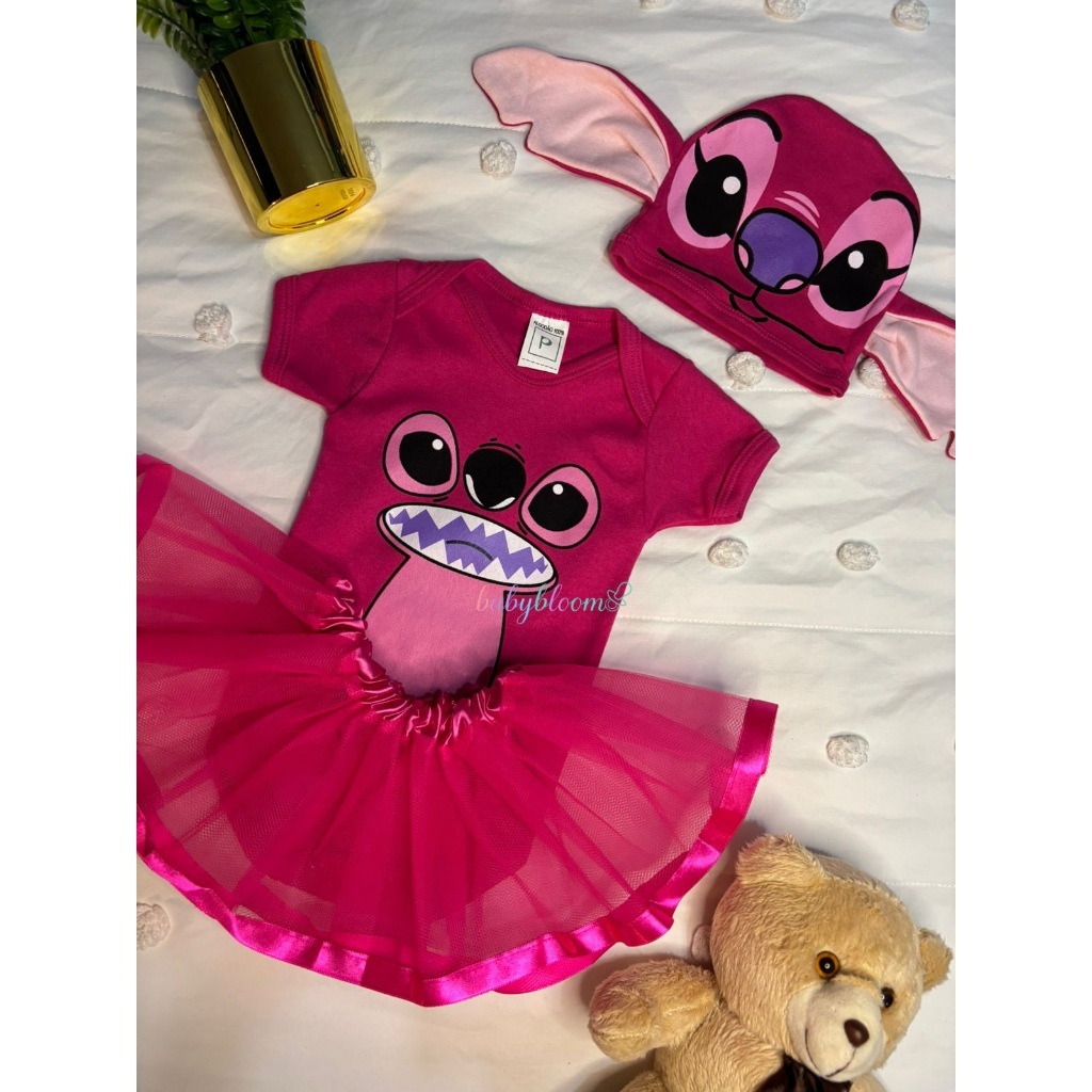 Body e Touca e Saia Bebe Fantasia Completa Angel Stitch  para Bebê Conjunto