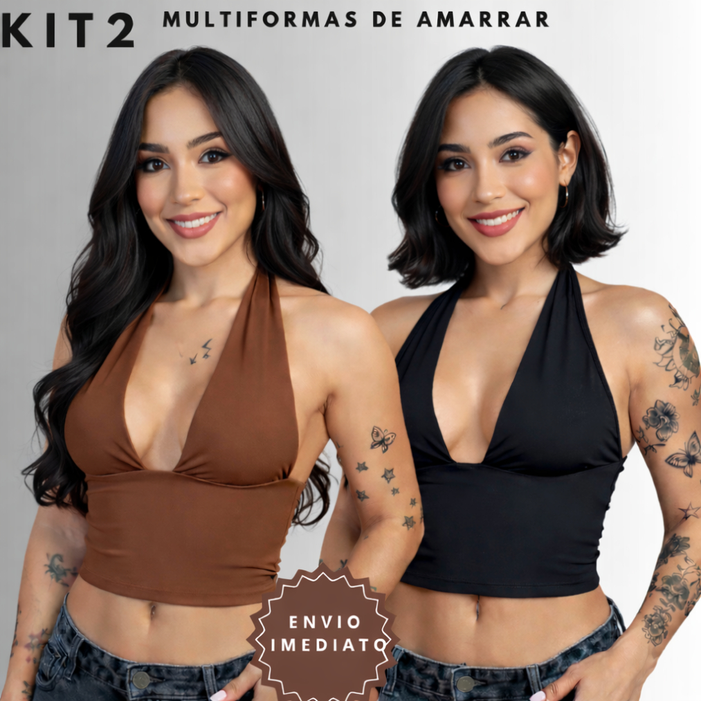 KIT 2 Top Cropped Frente Única com Amarração Multi Formas de usar Decote Moda Gringa, Suplex Premium, Sexy e Elegante 01 em Oferta na Shopee