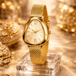 Relógio Feminino Dourado Elegante Pulseira em Aço Luxo Moderno