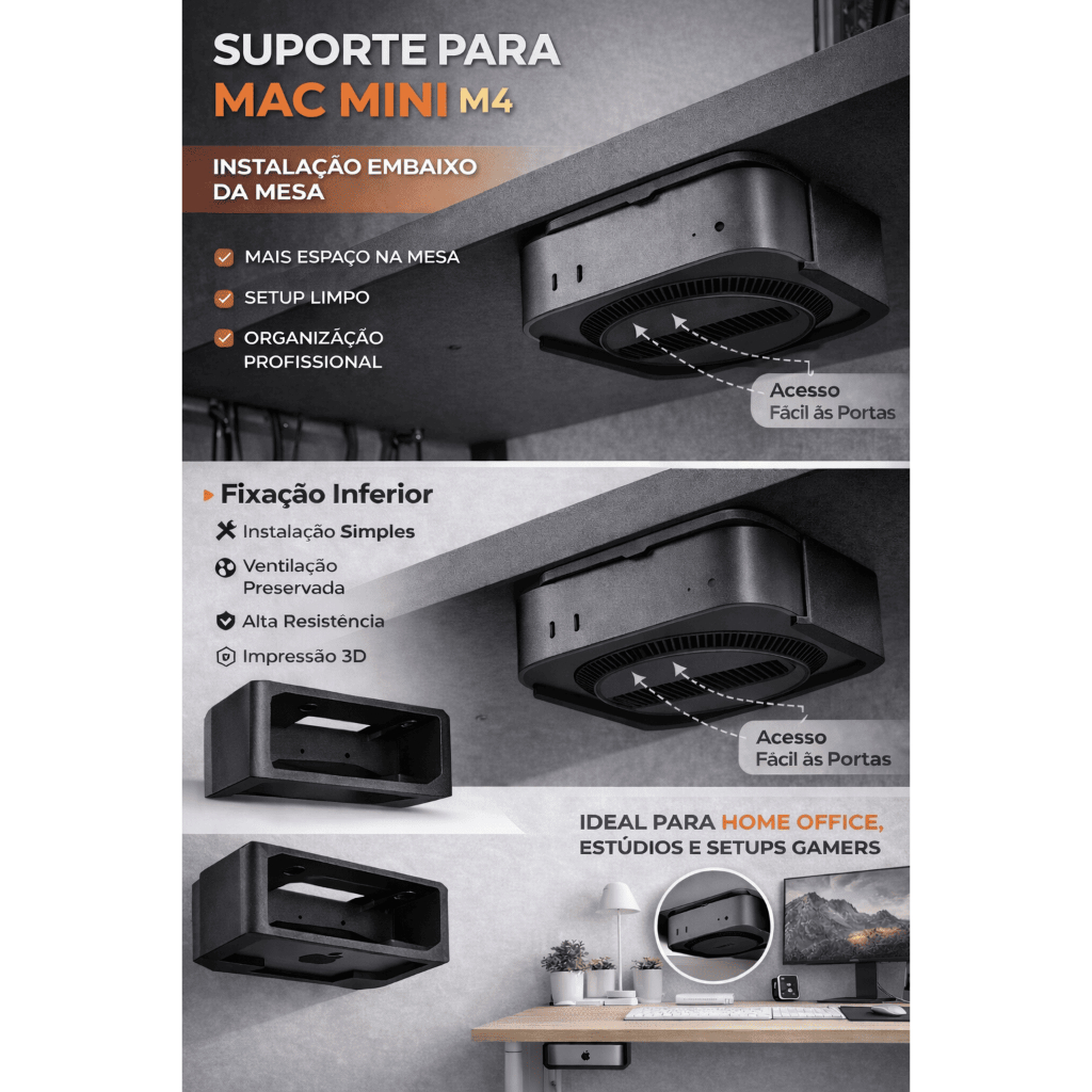 Suporte Mac Mini M4 para Mesa – Fixação Inferior – Organização Profissional – Im