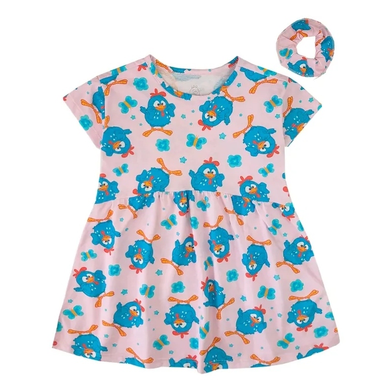 Vestido Infantil Galinha Pintadinha Meia Malha Com Amarrador Menina Estampado Soltinho Confortável