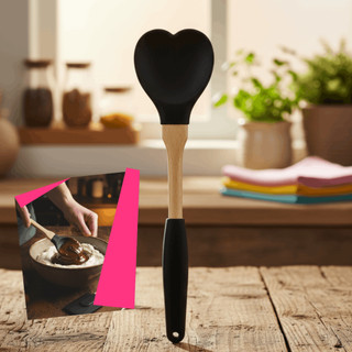 Colher Espátula Coração Preto de Silicone com cabo de madeira e capa de silicone antiderrapante
