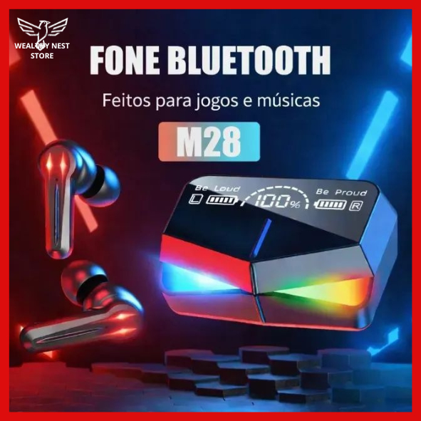 Fone De Ouvido Bluetooth 5.1 Sem Fio Gaming TWS M28 Estéreo Resistência à Água C/Controle De Ruído