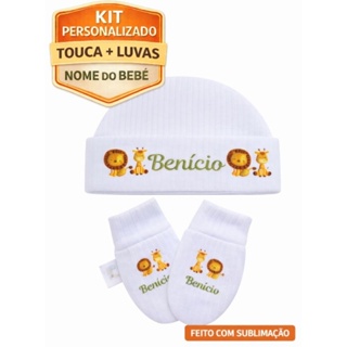 Kit touca e luvas personalizadas bebê RN, saida maternidade, nome do bebê em Oferta na Shopee
