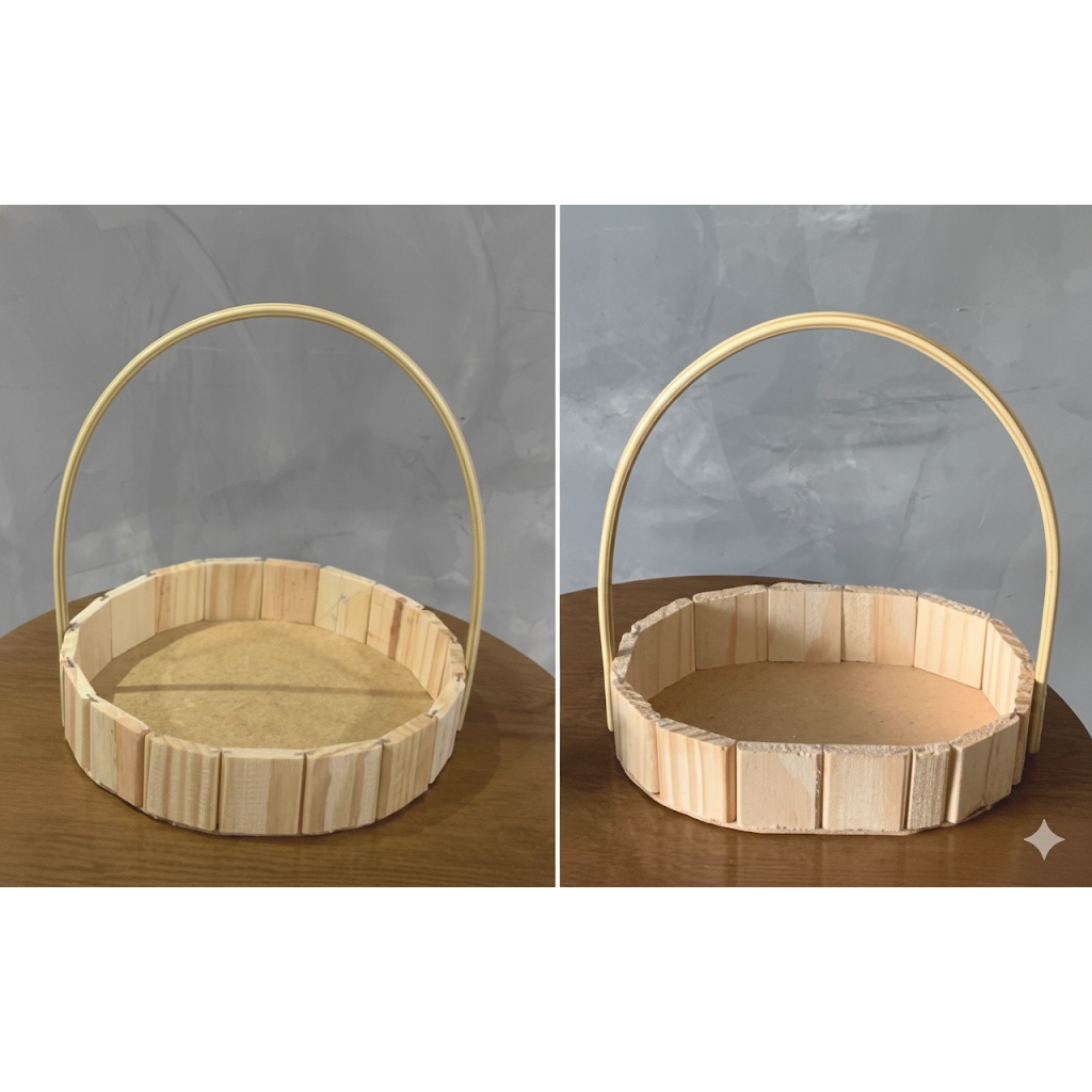 KIT COM 20 CESTAS DE MADEIRA DE PINUS(10 CESTAS 25CM REDONDA E 10 CESTAS DE 25CM OVAL) COM ALÇA PARA PRESENTES