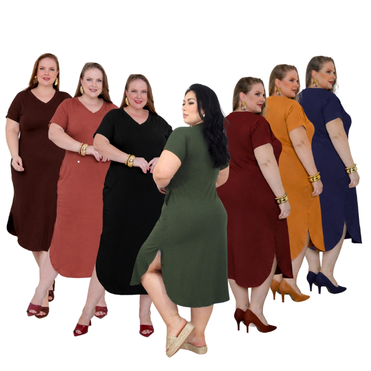 Vestido Plus Size Midi Longo Liso Viscolycra Com Gola V Bolsos Fenda Laterais Moda Evangélica 42ao58 em Oferta na Shopee