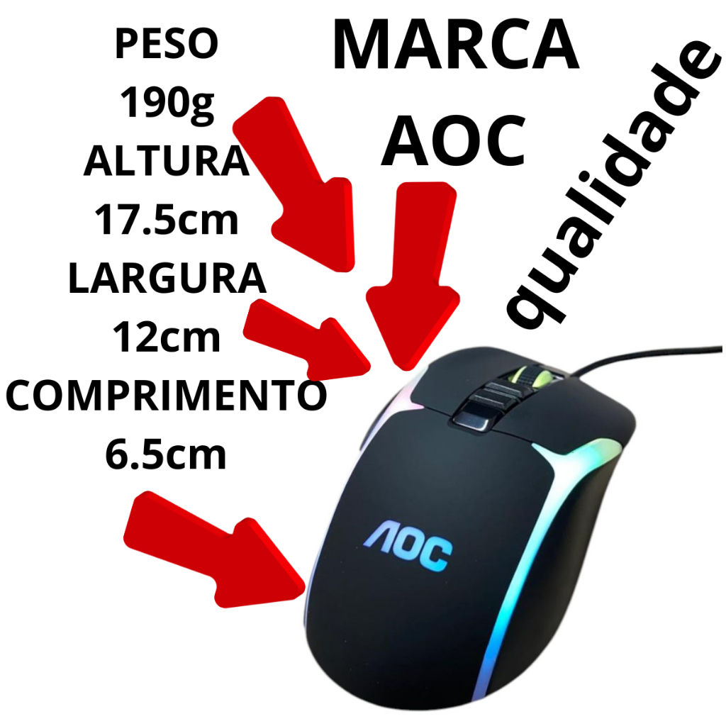 Mouse Gamer Fio Barato Proficional AOC Reforçado Qualidade Jogo Iluminação Rapido