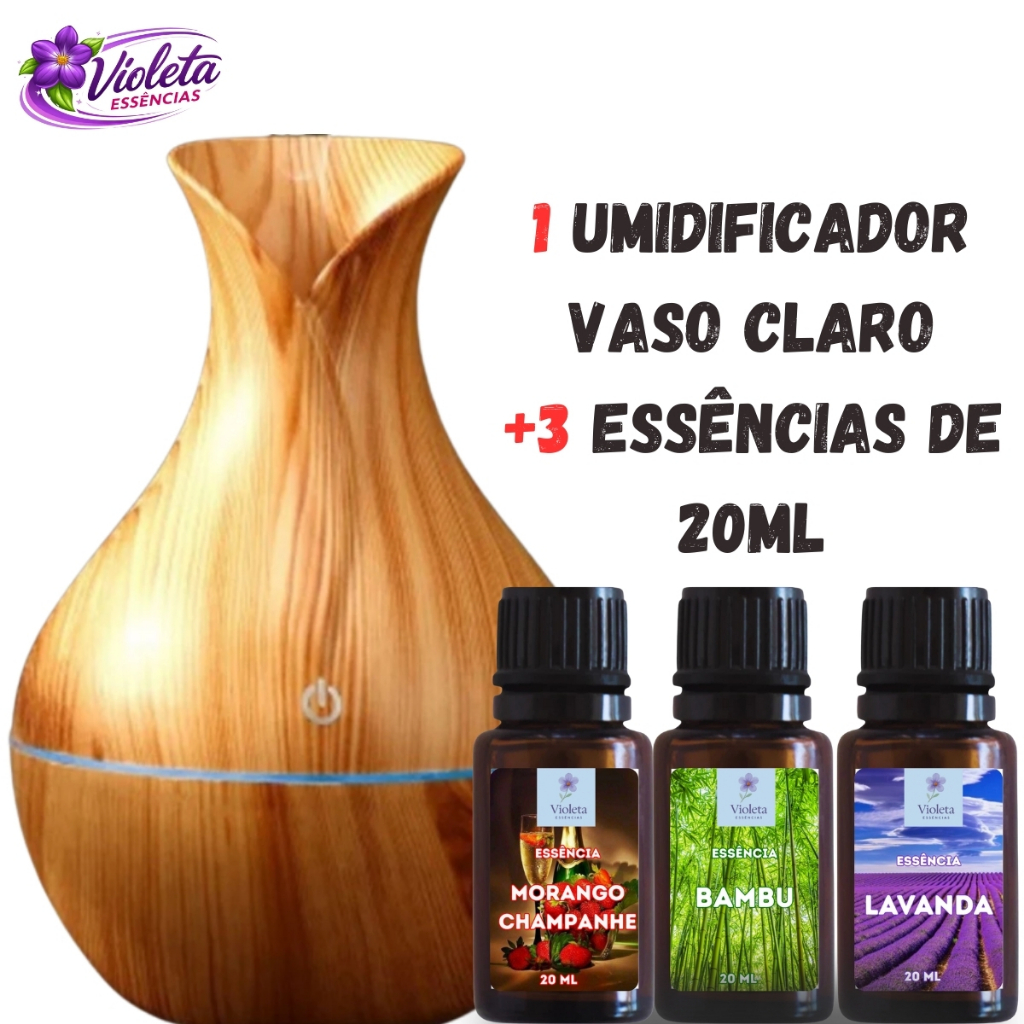Umidificador Vaso Aromatizador Ultrassônico Madeira Com Led Colorido+3 essencias|mais vendido