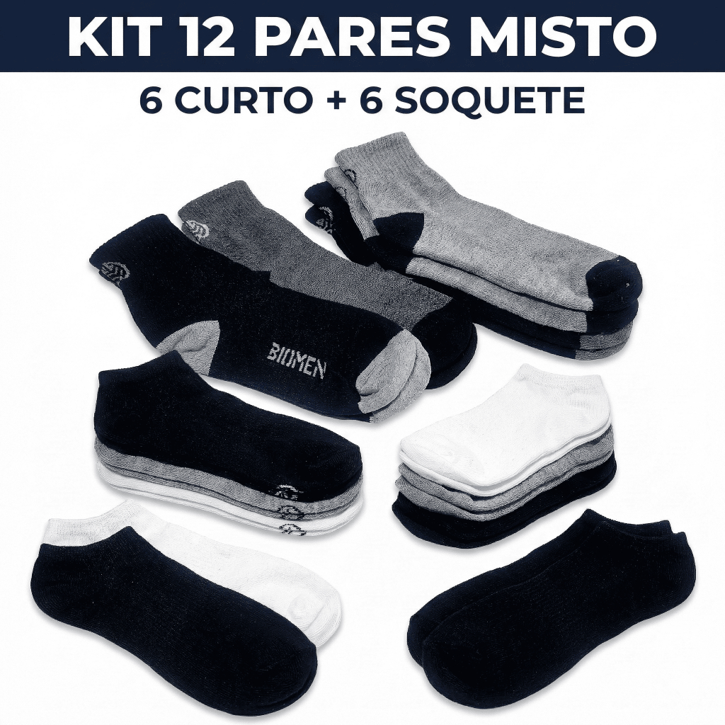 Kit 12 Pares Meia Mista: 6 Curto + 6 Soquete Invisível Trabalho Esporte Lazer Academia