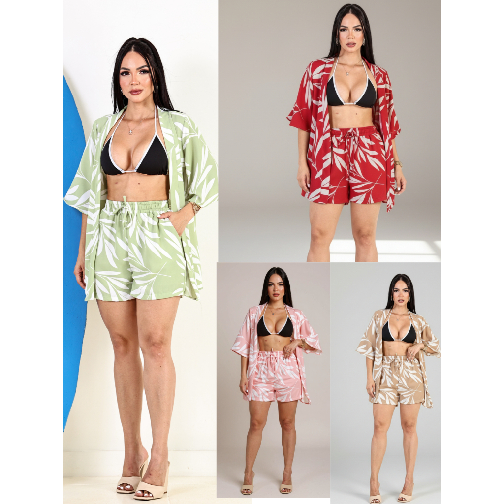 Conjunto Feminin  Kimono de 2 Peças Chamise e  Short  Estampado Duna em Oferta na Shopee