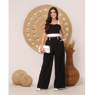 Conjunto Feminino Elegante Cropped e Calça Verão Calça Pantalona Confortável tecido sensorial Casual Liquidação2026**$