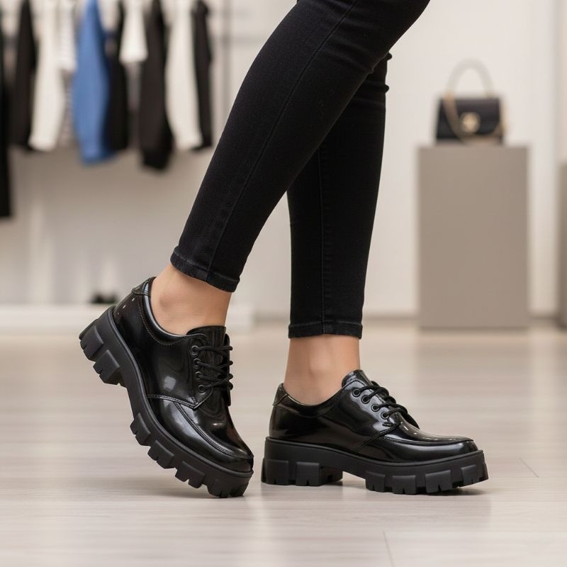Sapato Oxford Feminino Verniz Tratorado Salto Tratorado Plataforma Confortável Antiderrapante Estilo Blogueira