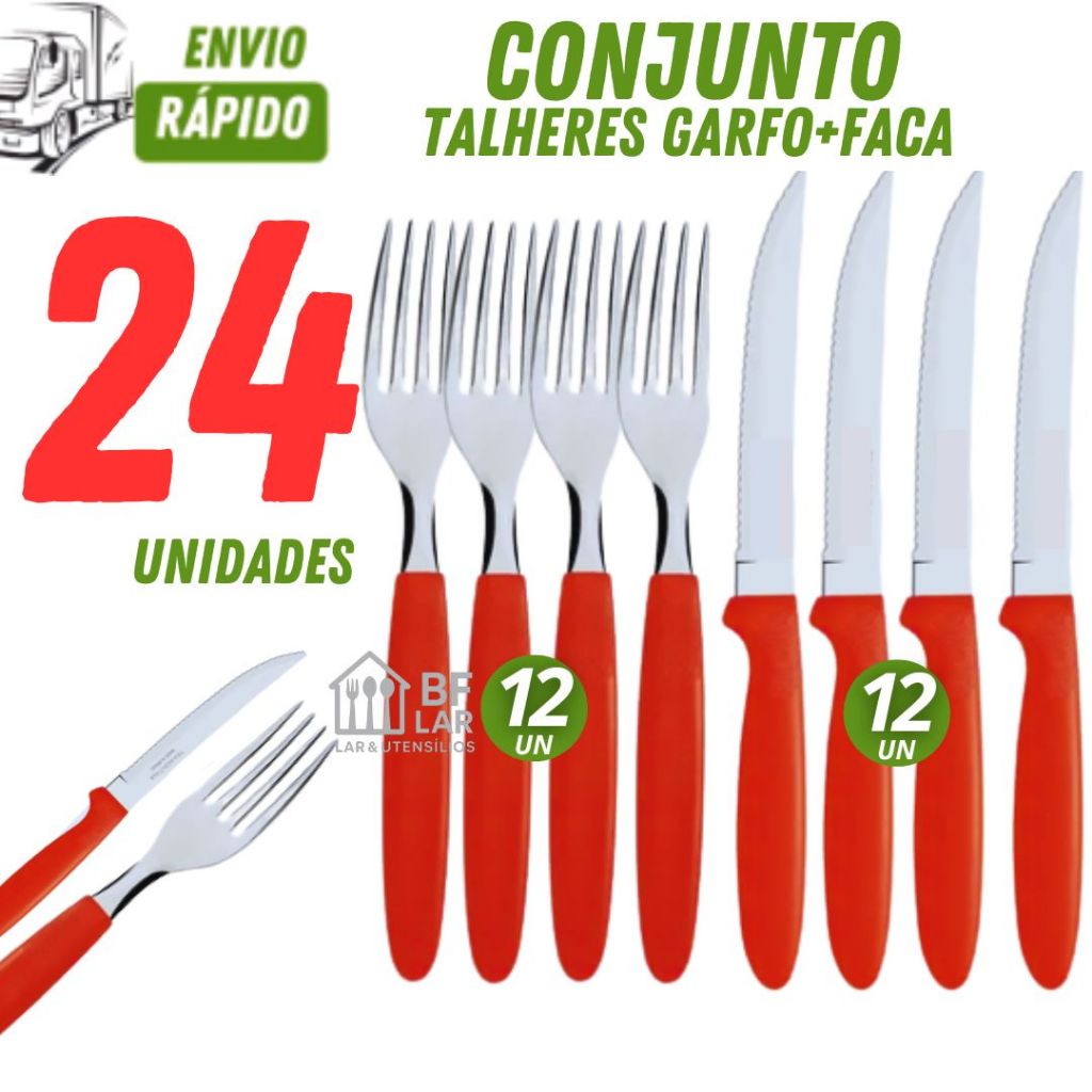 Talheres Linha Colorida Vermelho com 12 garfos e 12 Facas Inox Cabo Vermelho Almoço Casa e Refeiçoes