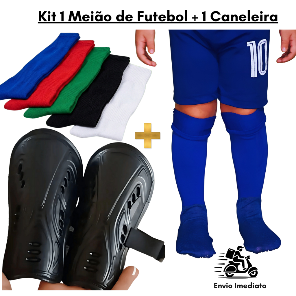 Kit 1 Meião + 1 Caneleira De Futebol Esportivo Infantil e Juvenil Longo Esporte 24 ao 36