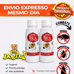 KIT COM 2 Talco Rex Higienizador Antipulgas, Carrapatos, Sarnas e Piolhos – Proteção Completa para CãesO
