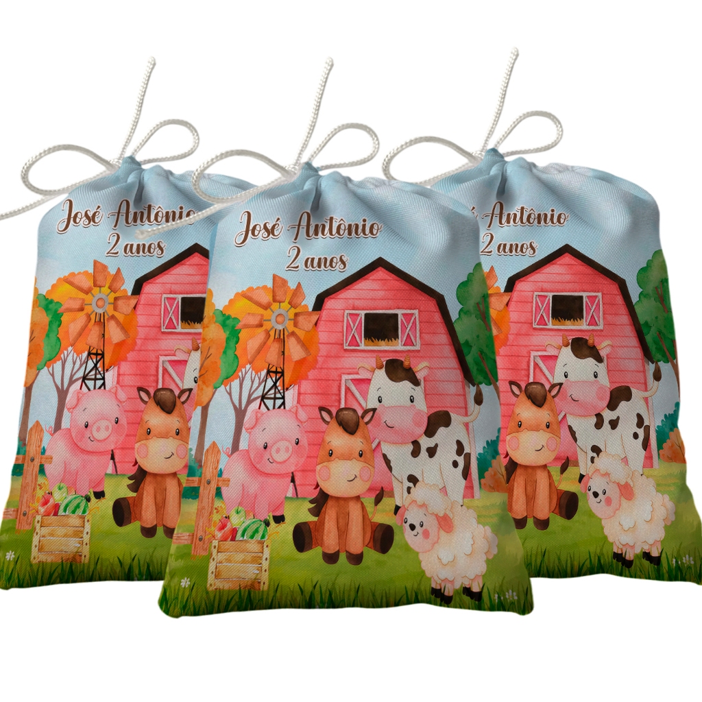 Sacolinha Lembrancinha Festa Aniversário Surpresa Tecido Personalizado Fazendinha Aquarela