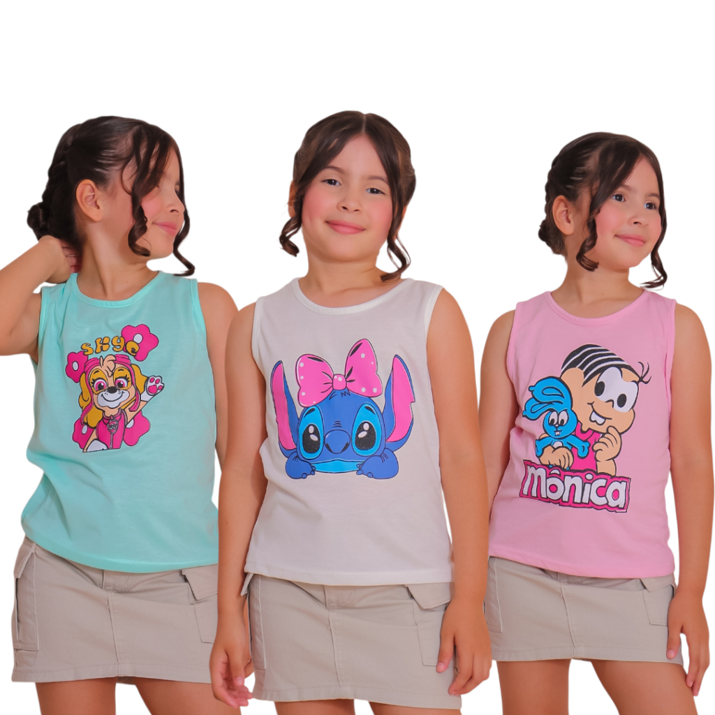Camiseta Infantil Feminina kit com 3,  100% Algodão (2, 4, 6 a 8 anos) cores e estampas  varea