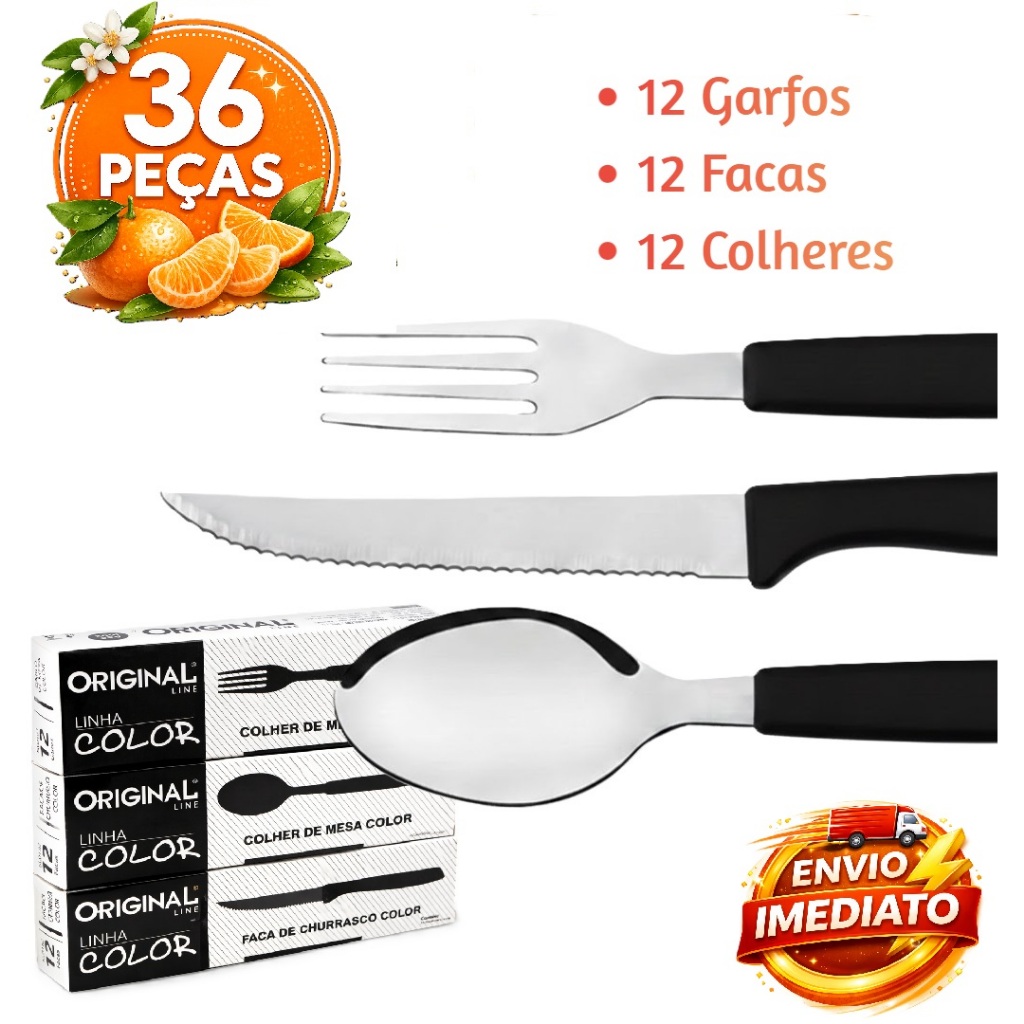 Jogo de Talheres 36 peças Preto e Vermelho Aço Inox Mesa Casa Cozinha Faqueiro