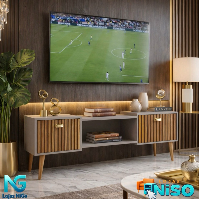 Rack Bancada Studio Leão 1.80cm Tv 75pol e 1.20 com pés Tv 50pol Home com 2 Portas - Lançamento Mirassol