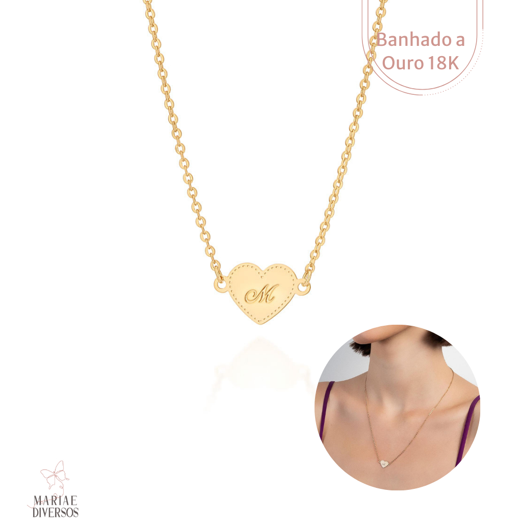 Colar Feminino com Pingente Letra M em Formato de Coração Banhado a Ouro 18K - Tam. 50 cm - Rommanel