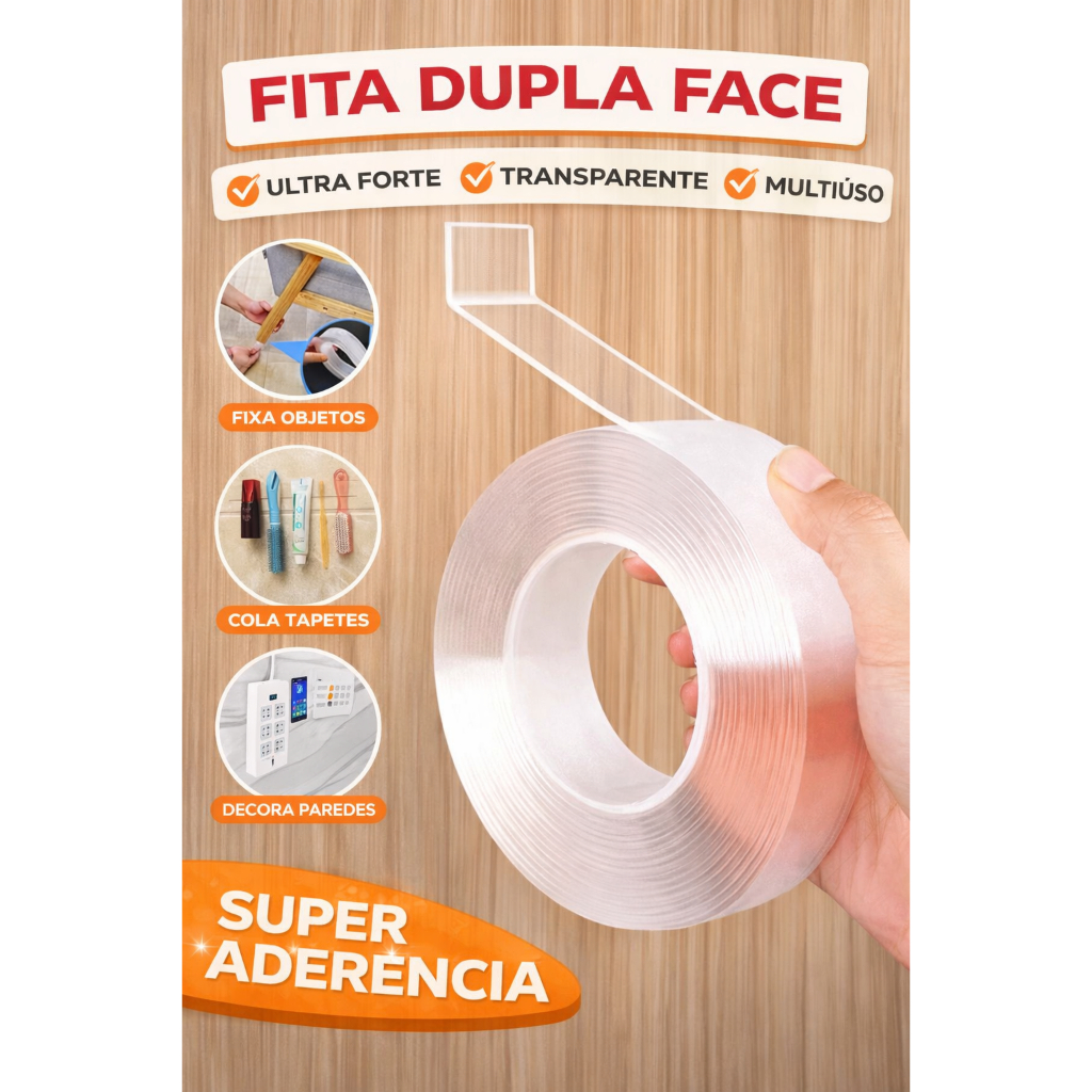 Fita Dupla Face Extra Forte Transparente Nano Gel  - 3 Metros Extra Forte Lavável Multiuso