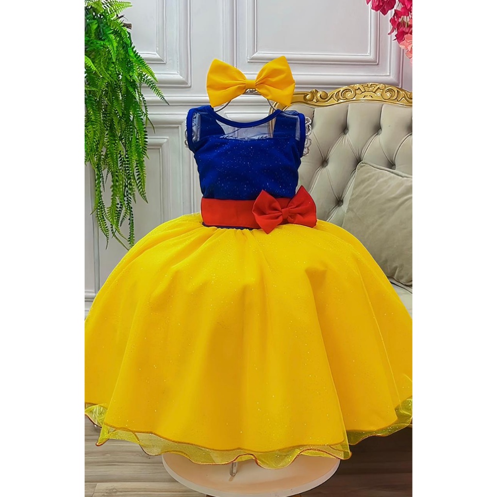 VESTIDO INFANTIL BRANCA DE NEVE COM GLITTER E CAPA | FANTASIA