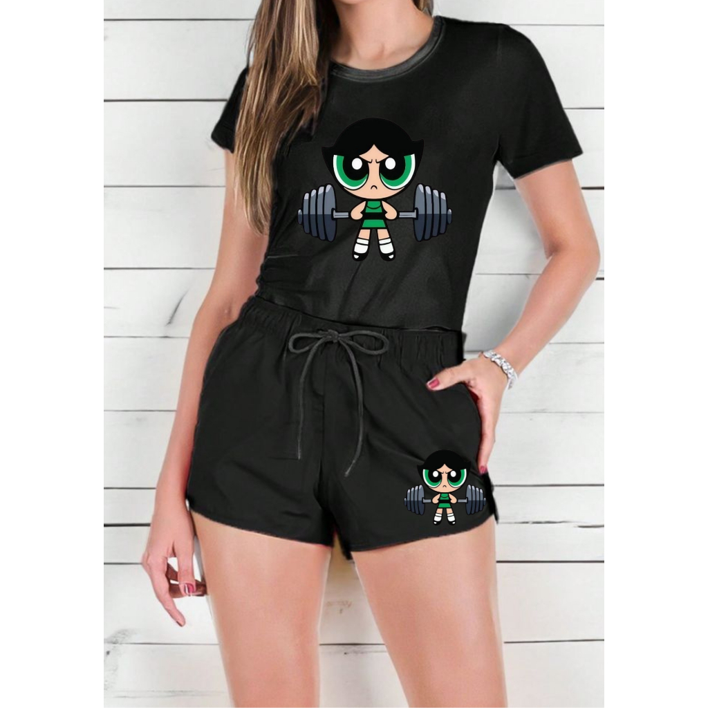 kit Conjunto Feminino Super Poderosas Camisa + Short Tactel Estampada Roupa Feminina Kit academia