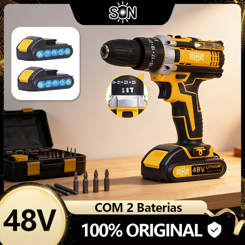 SUN Parafusadeira Furadeira de Elétrica Sem Fio Impacto 48V Bateria 3 funções Kit Completo Acessórios