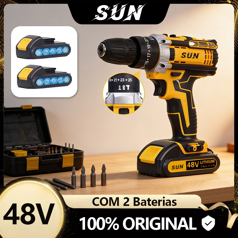 SUN Parafusadeira Furadeira de Elétrica Sem Fio Impacto 48V Bateria 3 funções Kit Completo Acessórios