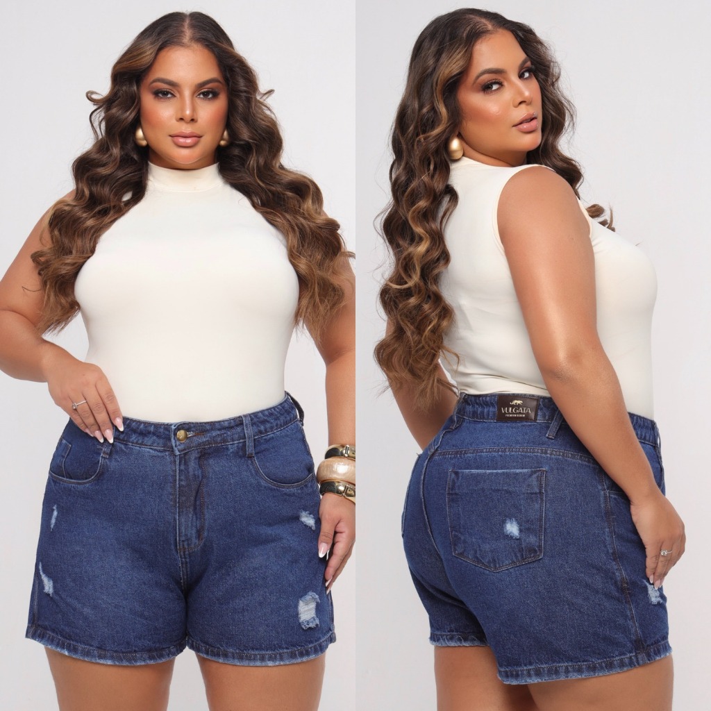 Shorts Plus Size Feminino Jeans Cintura Alta 100% Algodão Short Levanta e Empina Bumbum