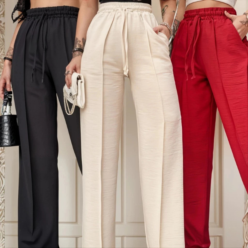Calça Pantalona Feminina Cintura Alta Com Bolso Tecido Duna Elegante 2026