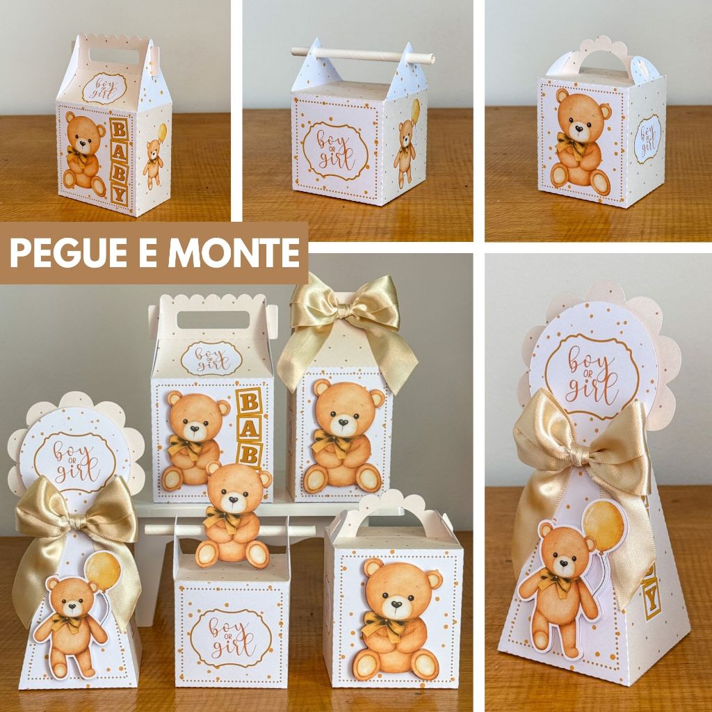 Personalizados Chá Revelação/Chá de bebê Ursinho Neutro (PEGUE E MONTE) Kit de caixinhas lembrancinhas festas