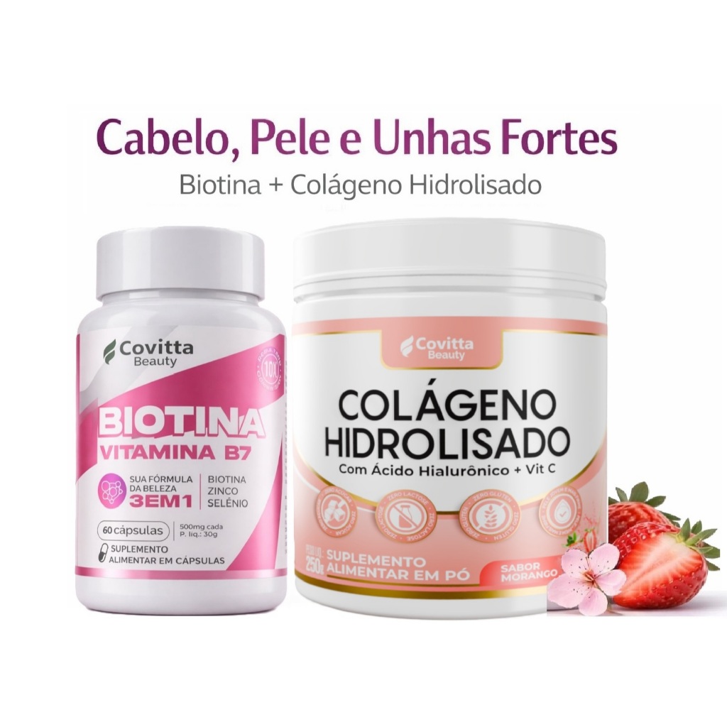 KIT Biotina + Colágeno Hidrolisado Morango | Cabelo Forte • Unhas Resistentes • Pele Firme | Suplemento Diário-Covitta