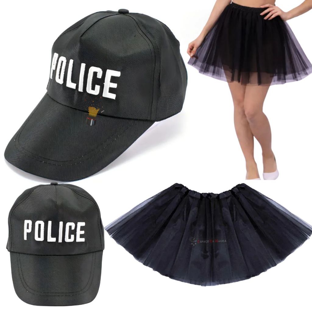 Fantasia Policial Feminina C/boné Saia Tule Preto Carnaval Festa Police Completo