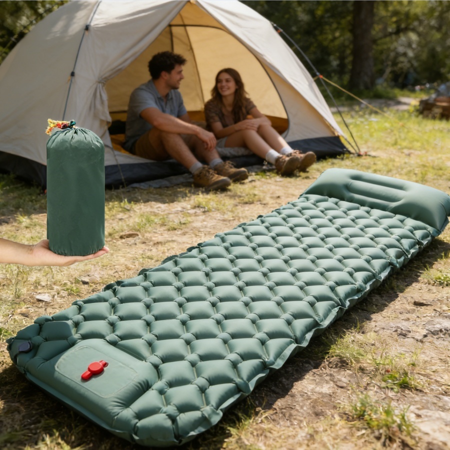 Colchão Inflável Automático Casal 190*60*5cm com Travesseiro Portátil para Acampamento