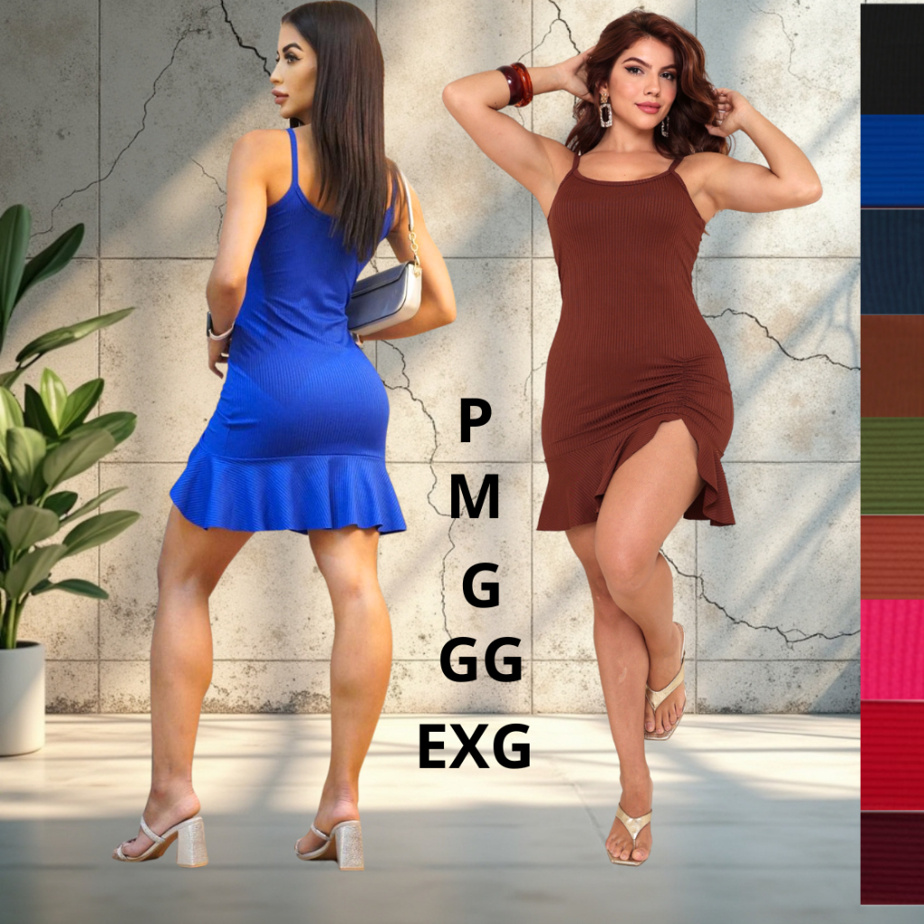 Vestido Feminino Curto alça fina Canelado com Babado, Drapeado e Abertura na Perna Moda Gringa Verão em Oferta na Shopee