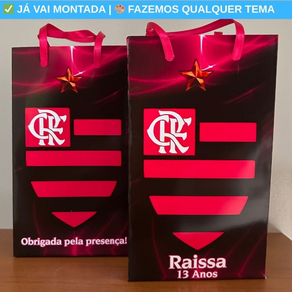 Sacolinha Personalizada Flamengo Rosa Lembrancinha Aniversário Festa Infantil 17,5x10x4