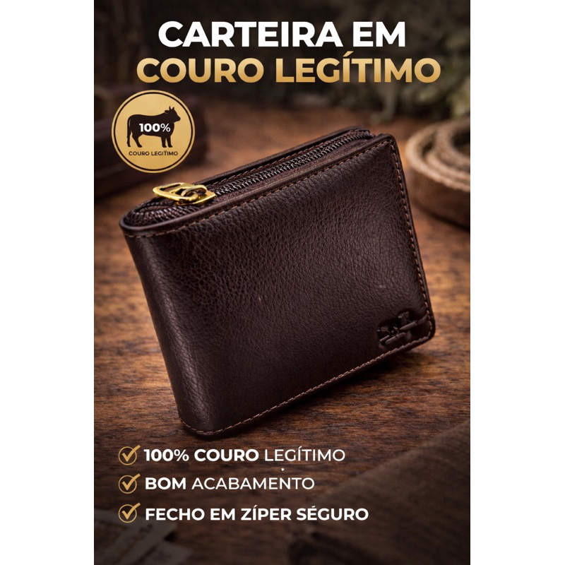 Carteira Masculina Couro Legítimo com Zíper | Compacta, Elegante e Segura