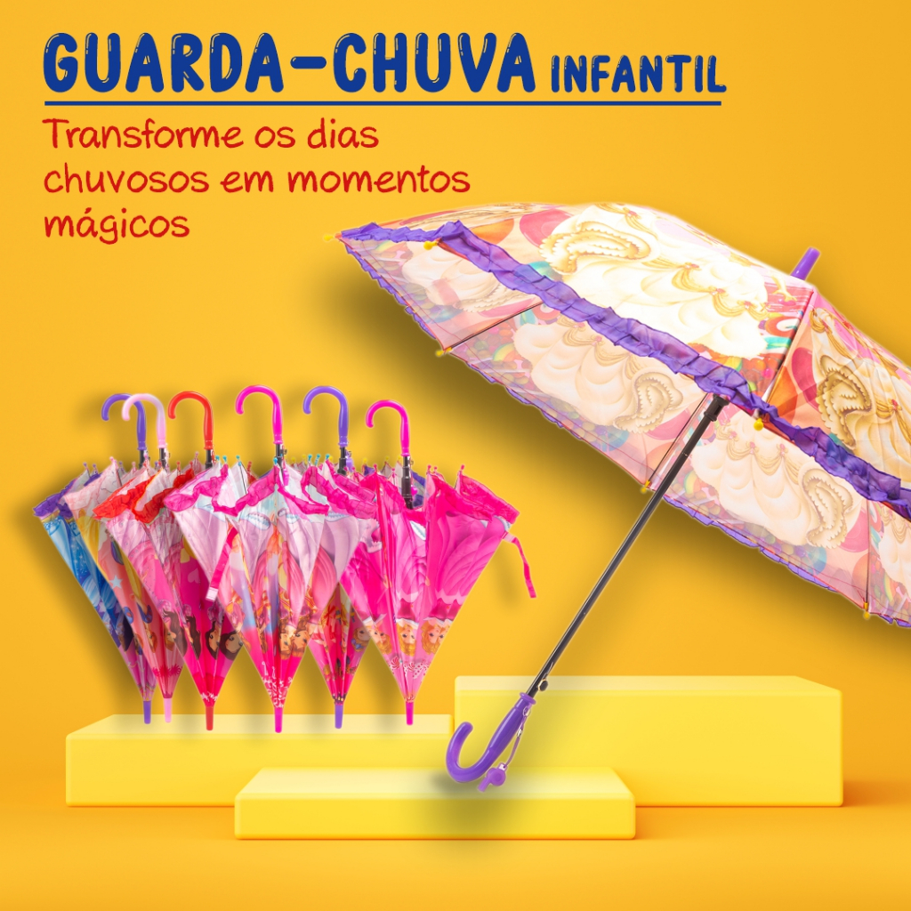 🌂Guarda Chuva Infantil 10 varetas Menina Sombrinha com Apito Abertura Automática Grande 100cm Cabo Curvo