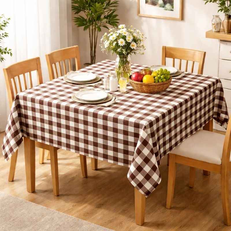 Toalha de Mesa Xadrez Marrom Oxford 4, 6 e 8 Lugares | Toalha de Mesa Retangular | Cozinha, Sala de Jantar