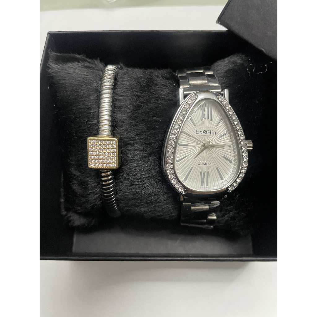 Kit Relógio Feminino Potenzia com bracelete e caixa - Design Gota, Quartzo, Dourado/Prata