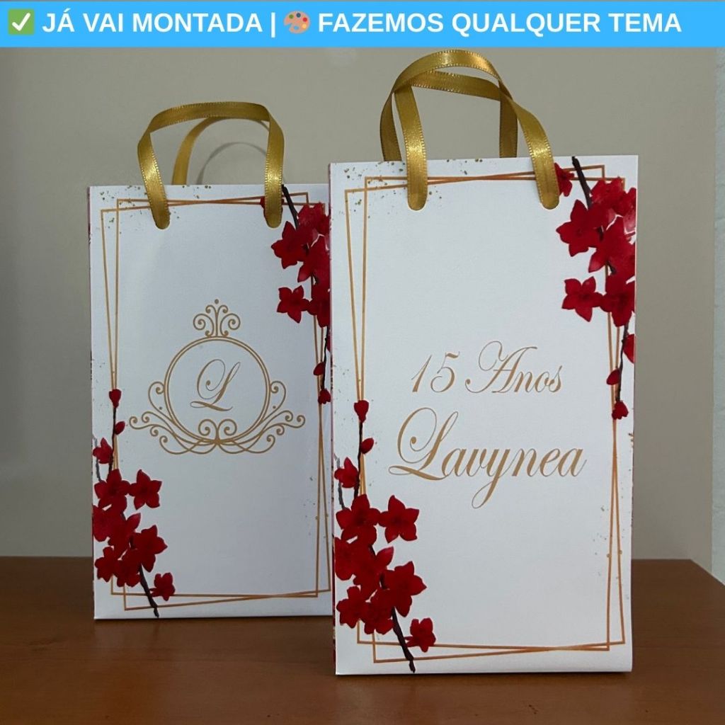 Sacolinha Surpresa Personalizada XV 15 Anos Vermelho e Dourado Festa Lembrancinha Aniversário Temas