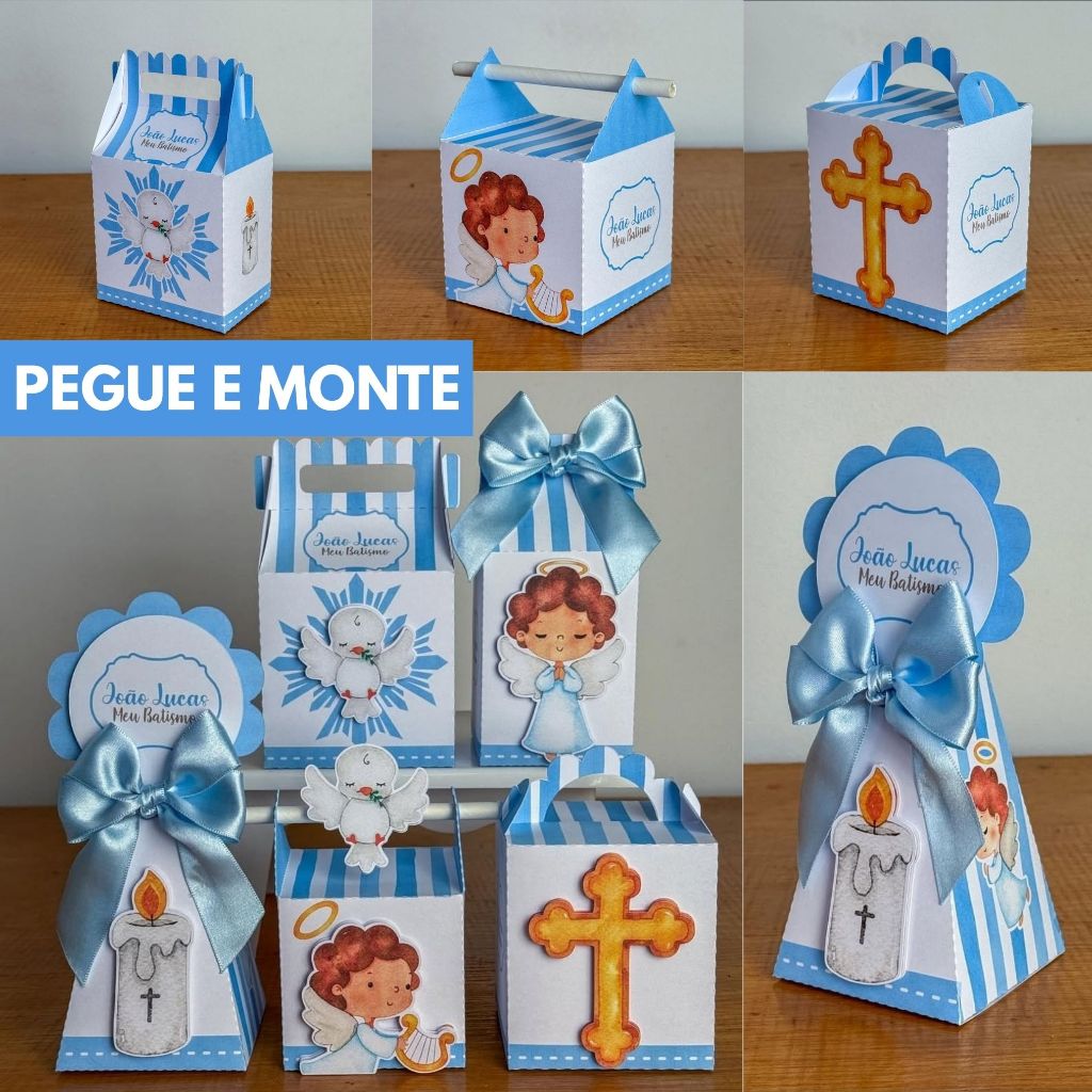 Personalizados Meu Batizado Azul (PEGUE E MONTE) Kit de caixinhas mimos lembrancinhas festa