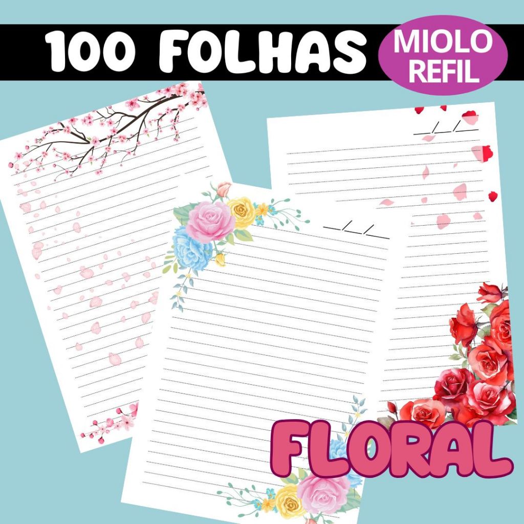 Miolo Pautado Decorado Floral | 100 Folhas | Refil para Fichário e Caderno | Tamanhos A5 e A4 em Oferta na Shopee