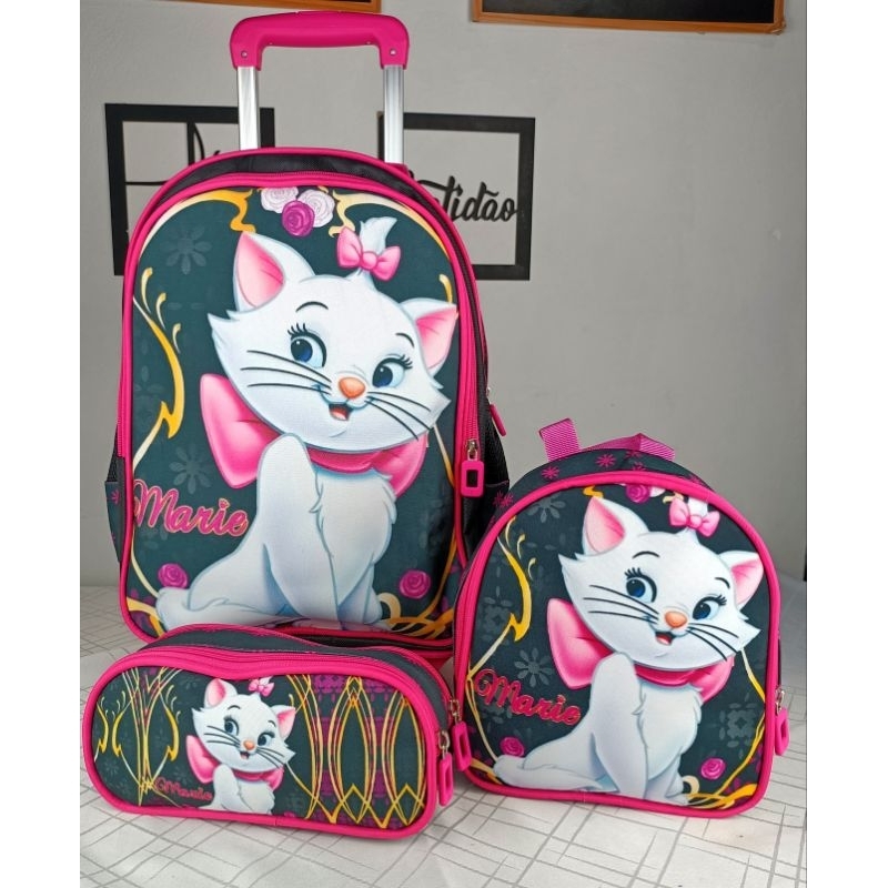 KIT MOCHILA ESCOLAR INFANTIL GATINHA MARIE COM RODINHAS/ MOCHILA LANCHEIRA TÉRMICA ESTOJO/MOCHILA PARA MENINA/GATINHA
