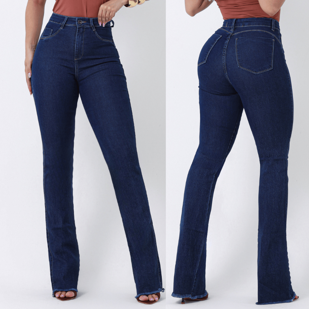 Calça Feminina Jeans Flare Cós e Cintura Alta Levanta Bumbum Com Lycra Elastano Promoção