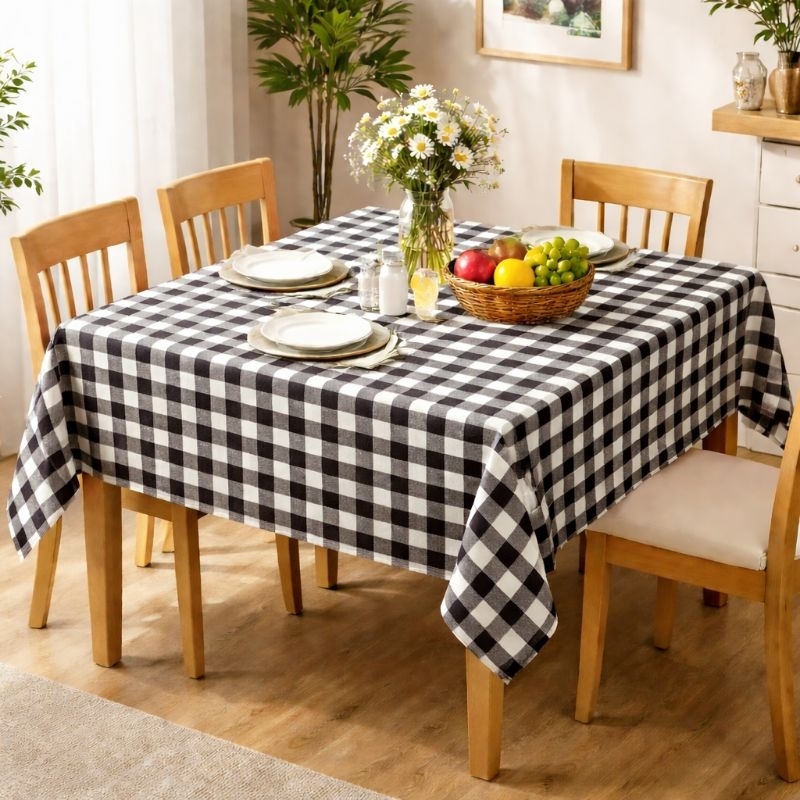 Toalha de Mesa Xadrez Preta Oxford 4, 6 e 8 Lugares | Toalha de Mesa Retangular | Cozinha e Sala de Jantar