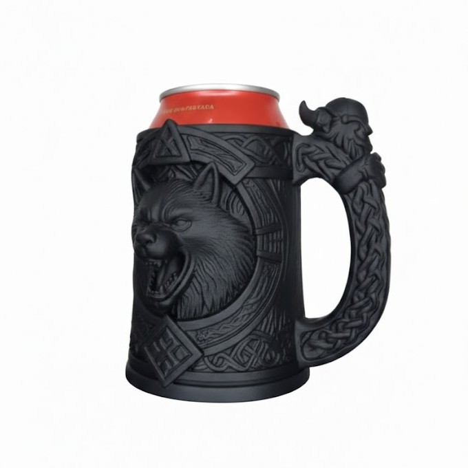 Porta Lata Viking Lobo Suporte Térmico 350ml Caneca Medieval Relevo 3D Geek Nórdico